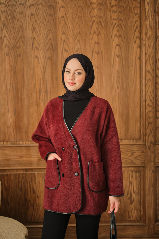 Deri Detay Peluş Hırka Bordo