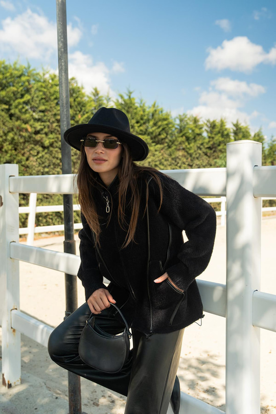 Deri Detay Triko Ceket Siyah