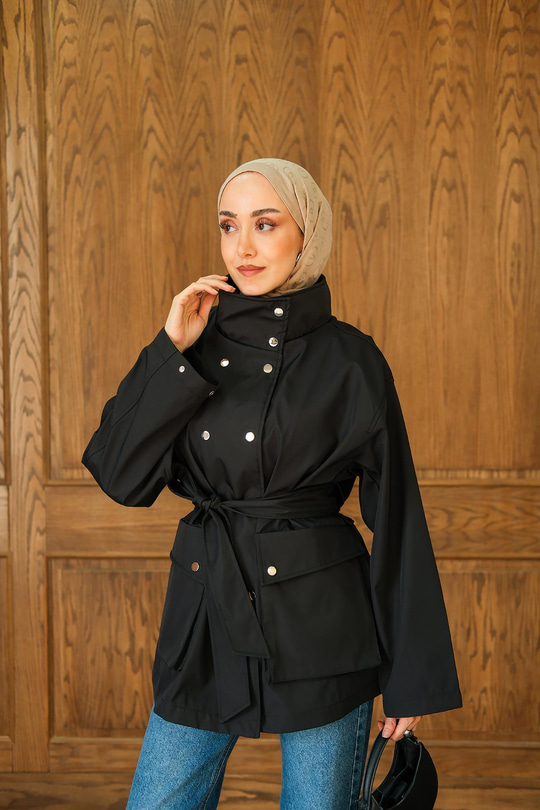 Deri Görünümlü Kısa Trenç Siyah