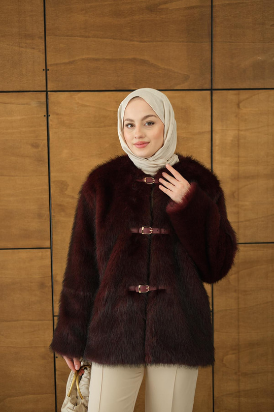 Deri Kemer Tüylü Uzun Kaban Bordo