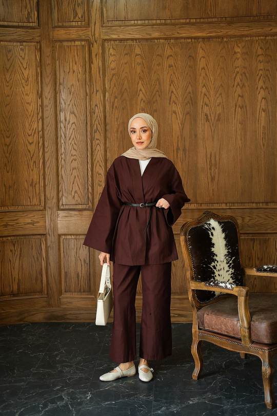 Deri Kemerli Kimono Takım Kahverengi