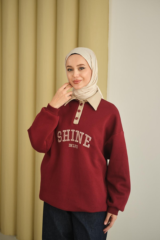 Deri Yaka Nakışlı Sweat Bordo
