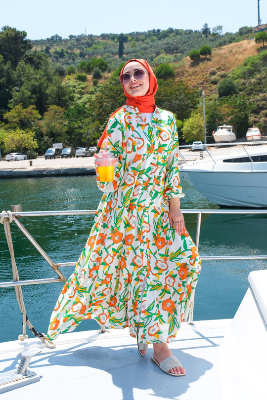 Desenli Elbise Turuncu