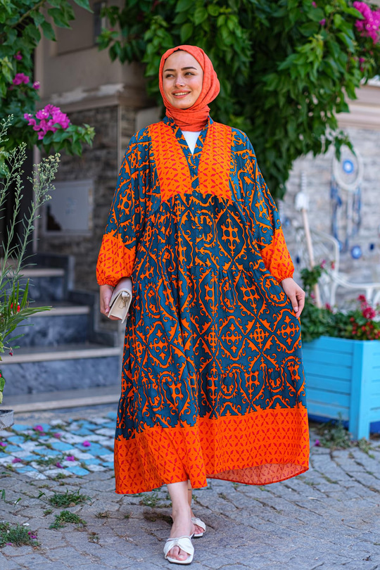 Desenli Elbise Turuncu