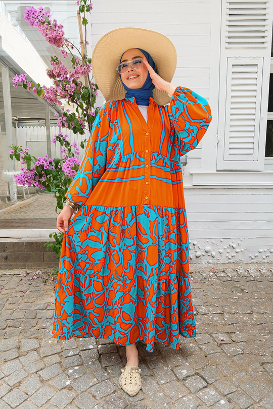 Desenli Elbise Turuncu