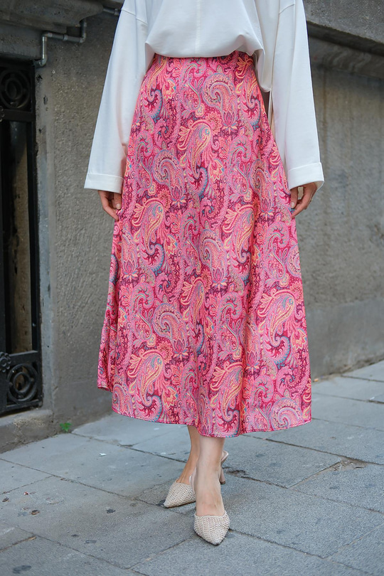 Desenli Saten Etek Fuşya