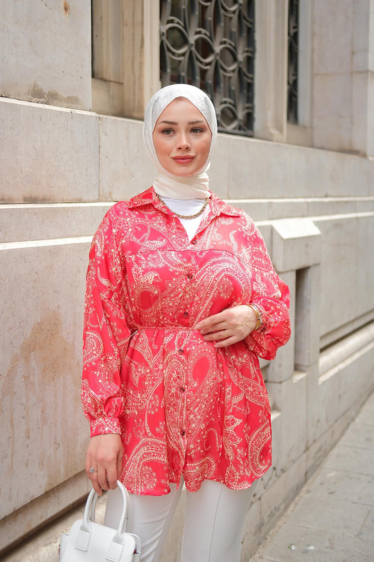 Desenli Saten Gömlek Kırmızı
