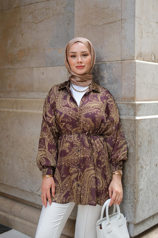 Desenli Saten Gömlek Yağ Yeşil