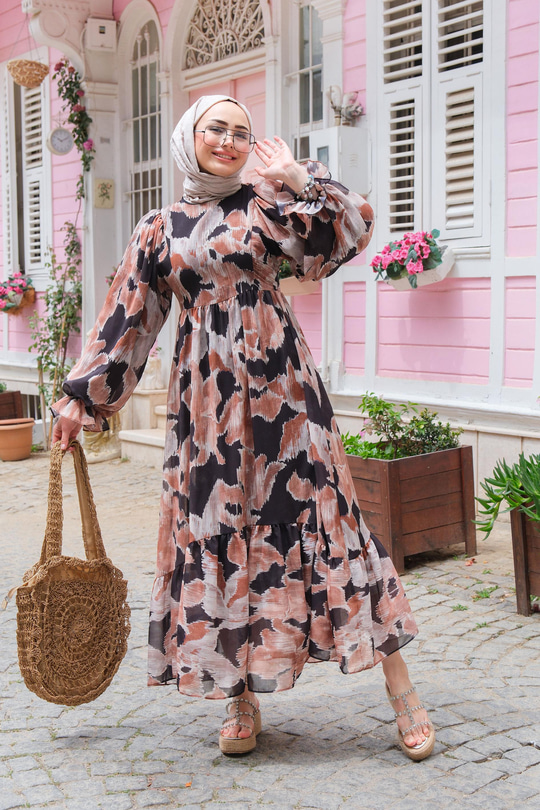 Desenli Şifon Elbise Siyah