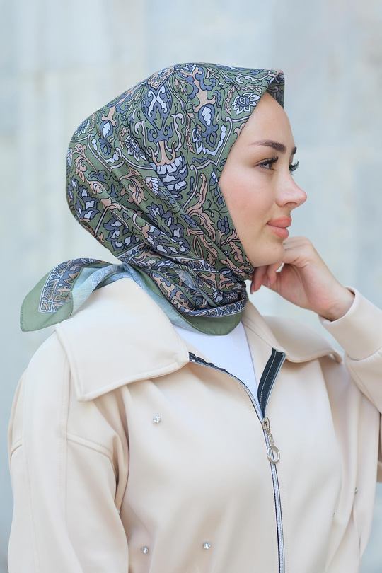 Desenli Soft Eşarp Haki Yeşil