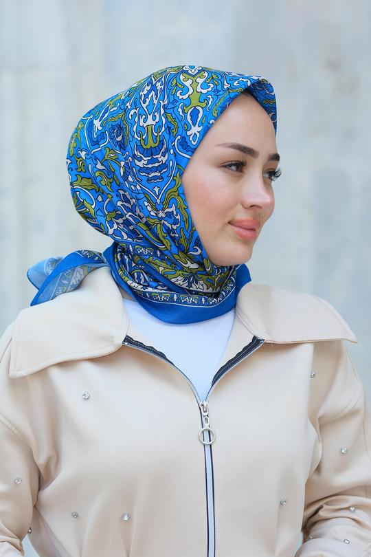 Desenli Soft Eşarp Saks Mavi