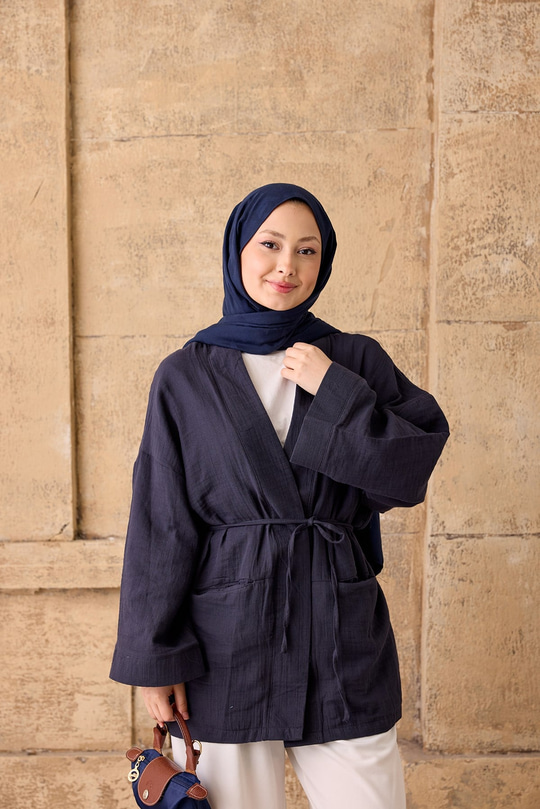 Cep Detaylı Keten Kimono Lacivert