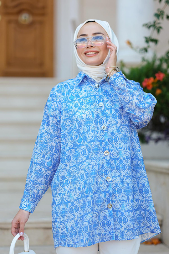 Dijital Baskılı Gömlek Mavi