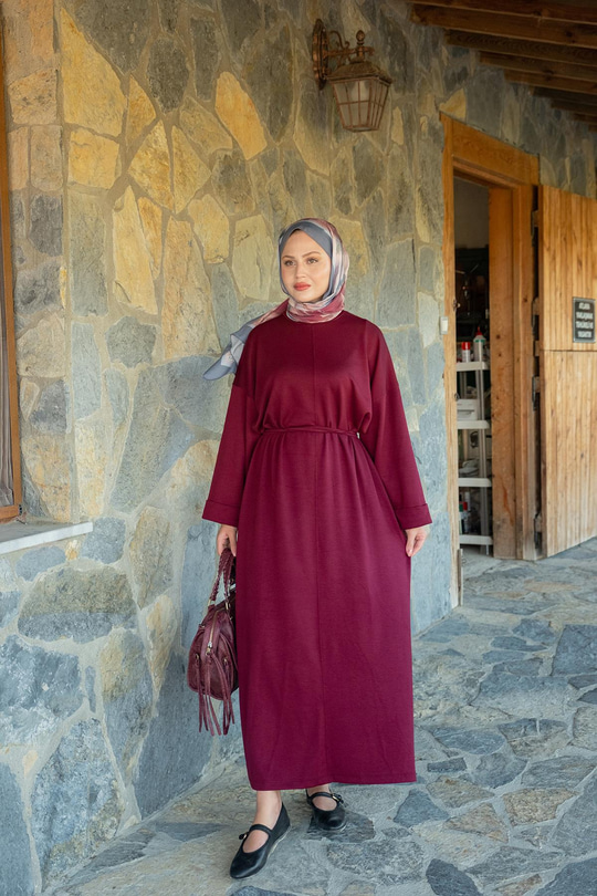 Dikiş Detay Bağlamalı Elbise Bordo