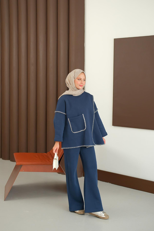 Dikiş Detay Cepli Takım Lacivert