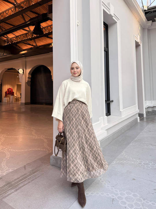 Dikiş Detay Etnik Desen Beli Lastikli Şifon Etek Vizon