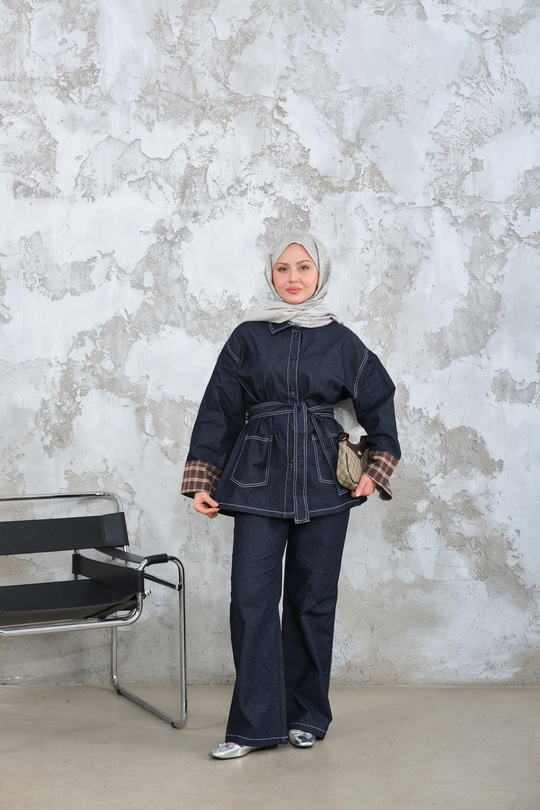 Dikiş Detay Gömlek Yaka Garnili İkili Takım Lacivert