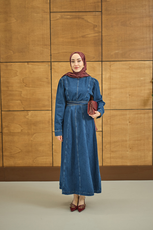 Dikiş Detay Kot Elbise Koyu Mavi