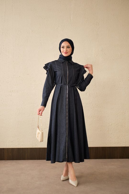 Dikiş Detay Omuz Büzgülü Kot Elbise Lacivert