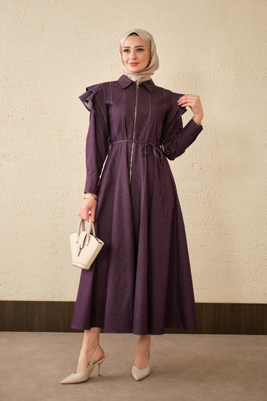 Dikiş Detay Omuz Büzgülü Kot Elbise Mor