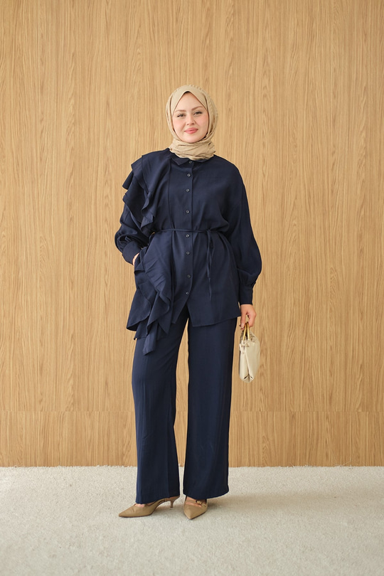 Dikiş Detay Volanlı Bel Bağlamalı Takım Lacivert