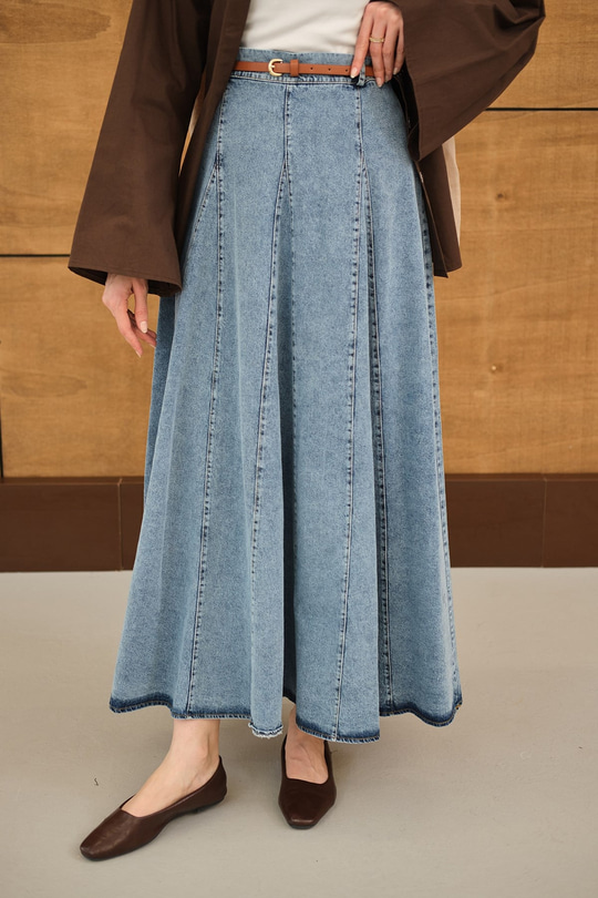 Dikiş Detay Yandan Fermuarlı Kot Etek Buz Mavi