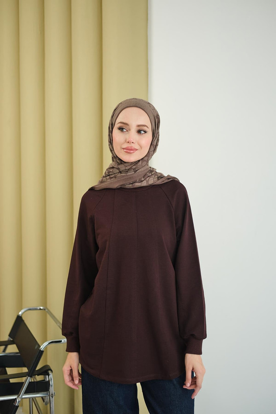 Dikiş Detaylı Bisiklet Yaka Sweat Kahverengi