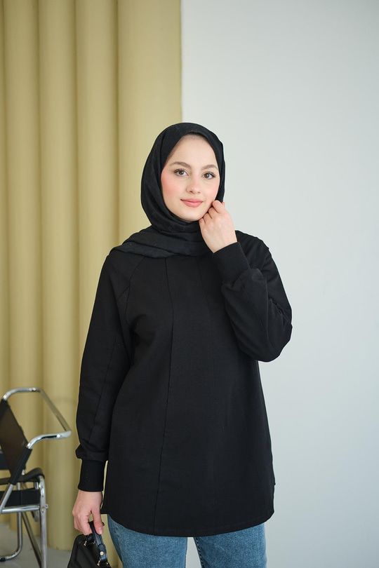 Dikiş Detaylı Bisiklet Yaka Sweat Siyah