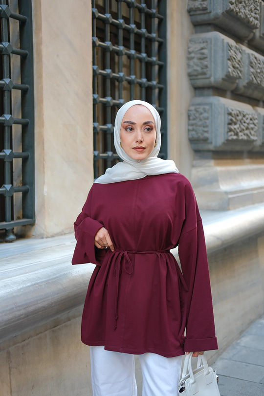 Dikiş Detaylı Yırtmaçlı Tunik Bordo