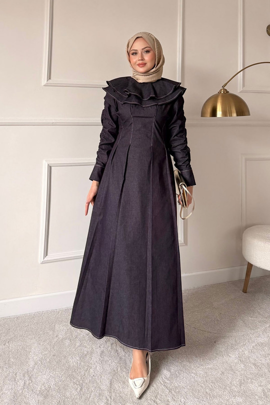 Dikiş İz Detay Pelerinli Kot Elbise Mürdüm