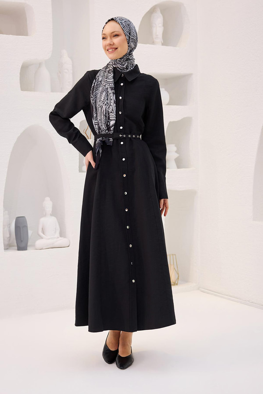 Dilimli Cupra Elbise Siyah