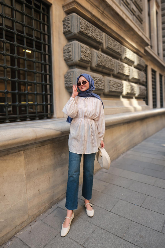 Dokulu Oversize Gömlek Ekru