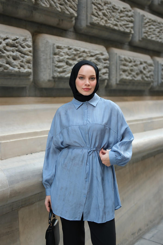 Dokulu Oversize Gömlek İndigo Mavi