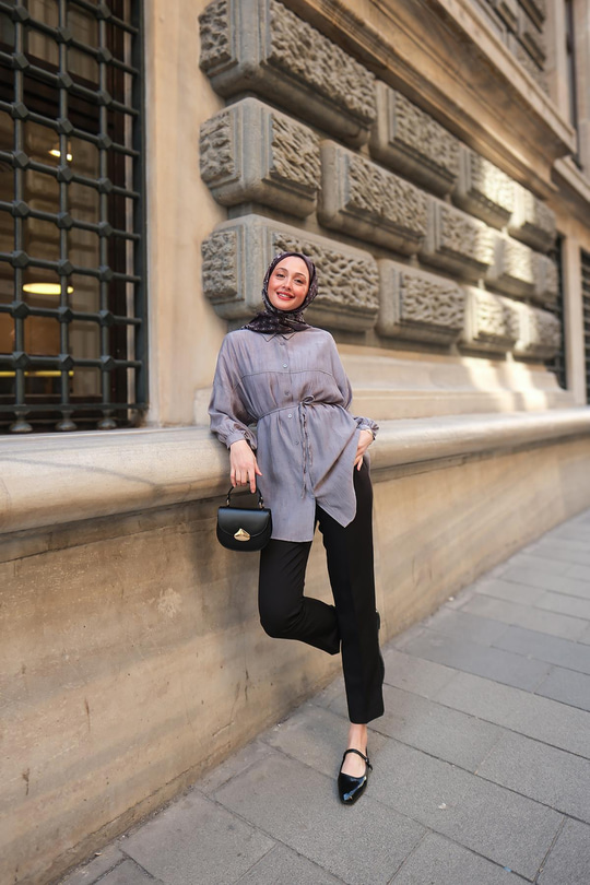 Dokulu Oversize Gömlek Mavi