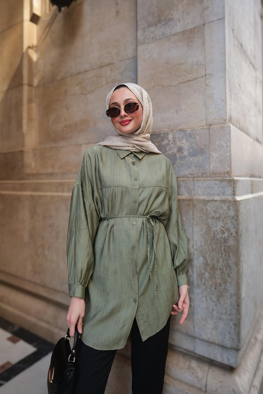 Dokulu Oversize Gömlek Yeşil