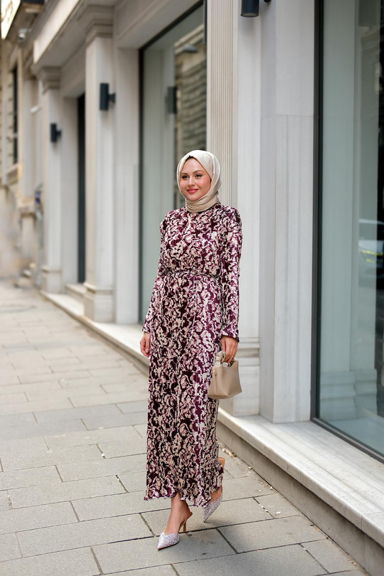 Dökümlü Viskon Elbise Bordo