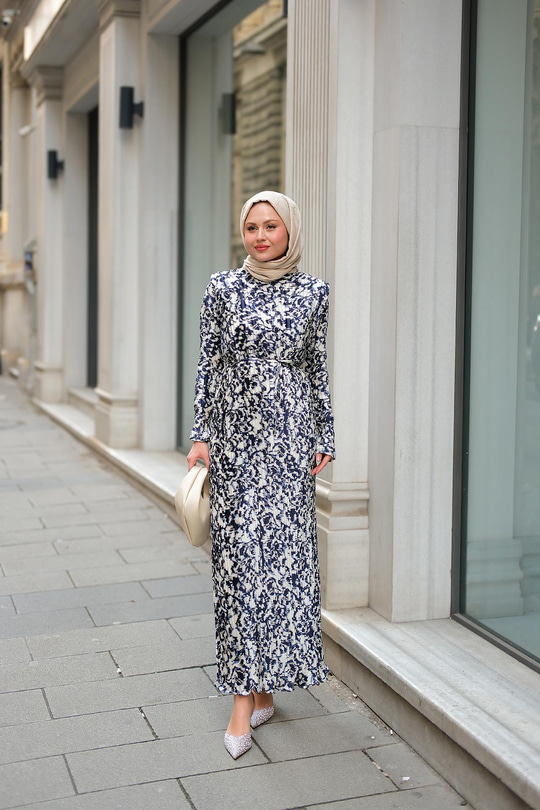 Dökümlü Viskon Elbise Lacivert