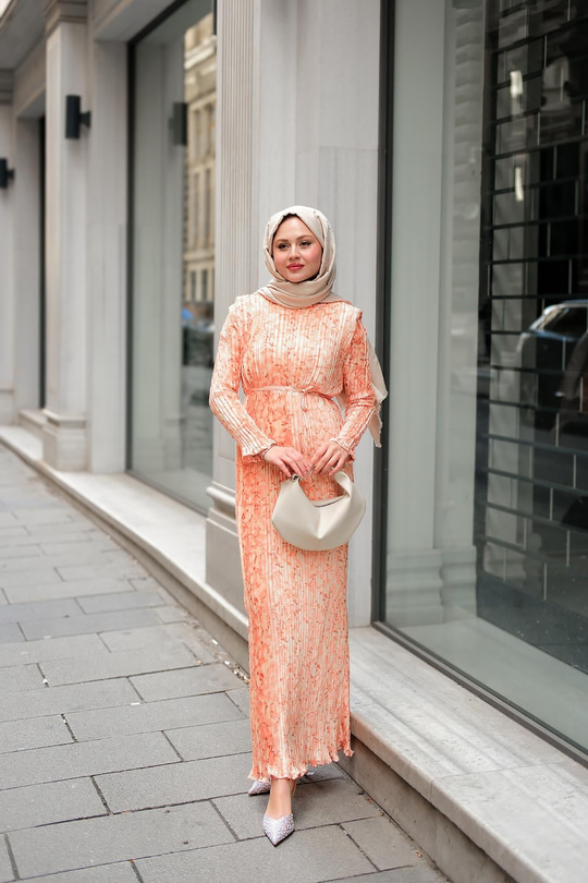 Dökümlü Viskon Elbise Somon