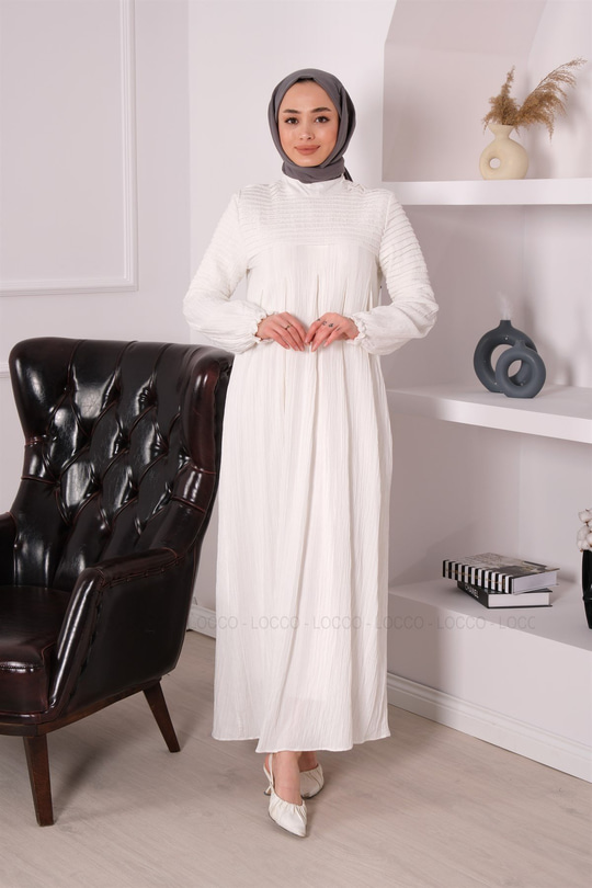 DRAPE DETAYLI ELBISE BEYAZ