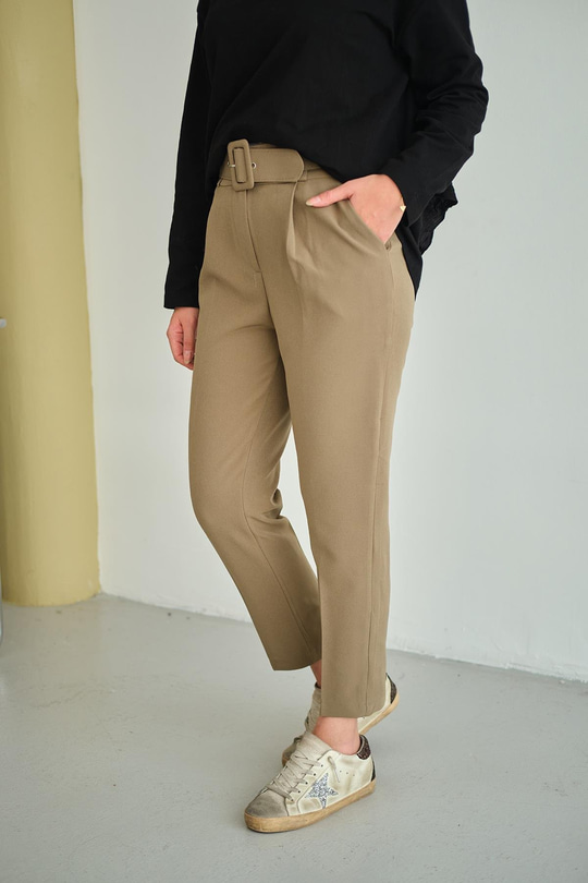 DUBLE KAPLAMA KEMERLI PANTOLON Koyu Yeşil