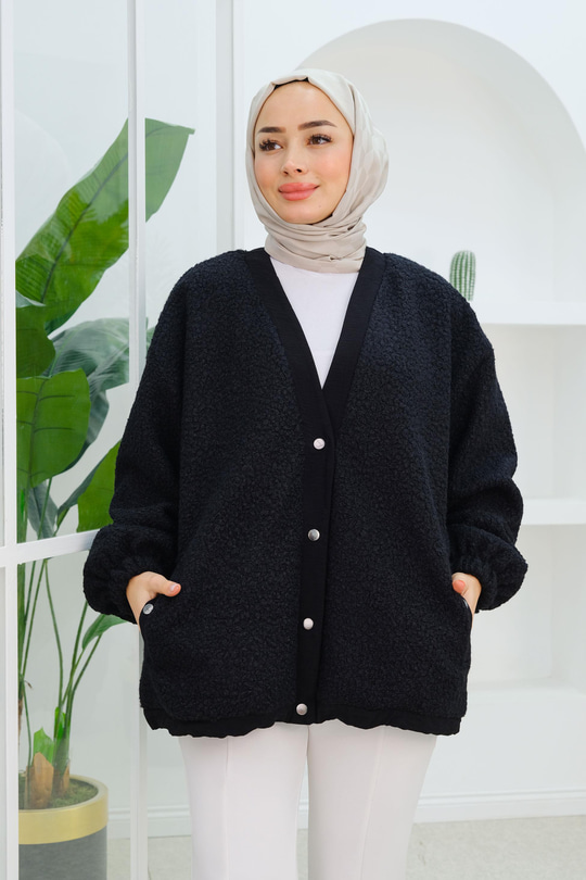 Düğme Detay Buklet Hırka Siyah