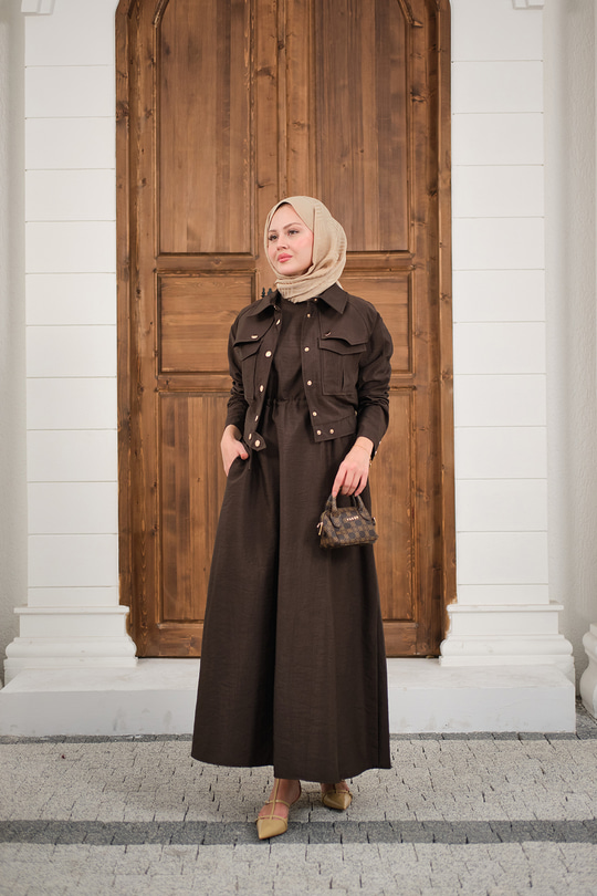 Düğme Detay Ceketli Takım Kahverengi