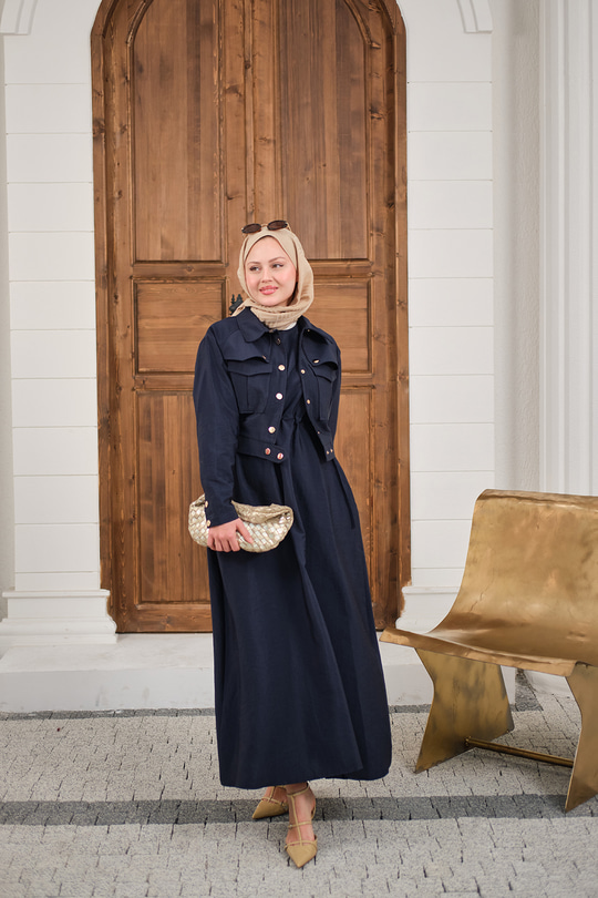 Düğme Detay Ceketli Takım Lacivert