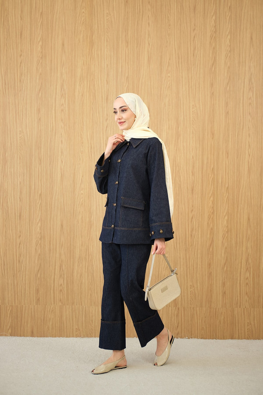 Düğme Detay Çift Cepli Kot Takım Lacivert