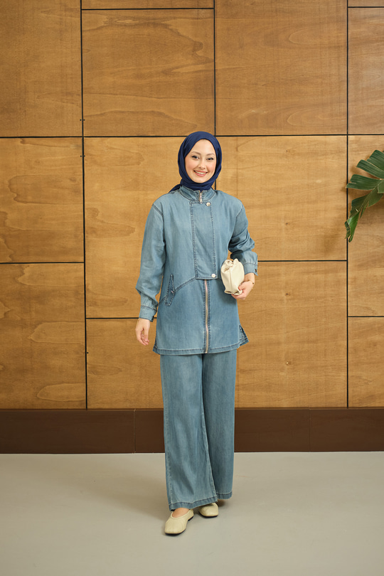 Düğme Detay Gizli Fermuarlı Takım Mavi