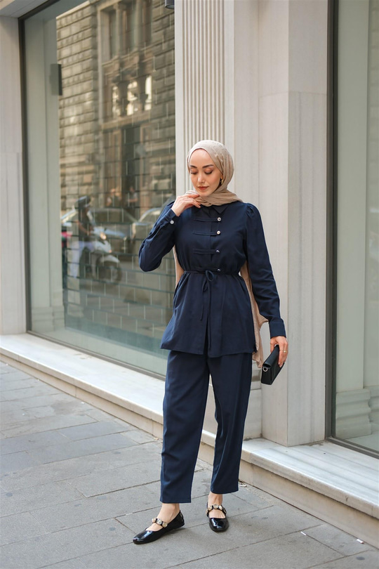 Düğme Detay Takım Lacivert