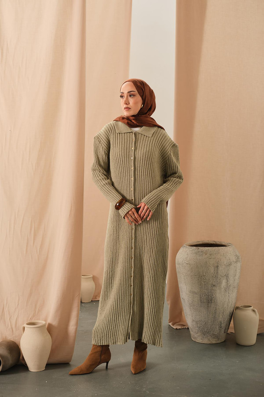 Düğme Detay Triko Elbise Açık Yeşil