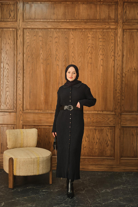 Düğme Detay Triko Elbise Lacivert