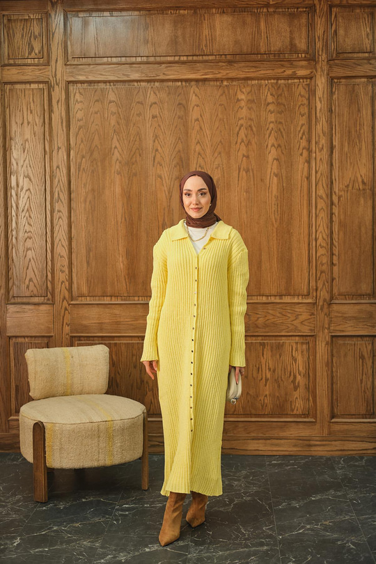 Düğme Detay Triko Elbise Sarı