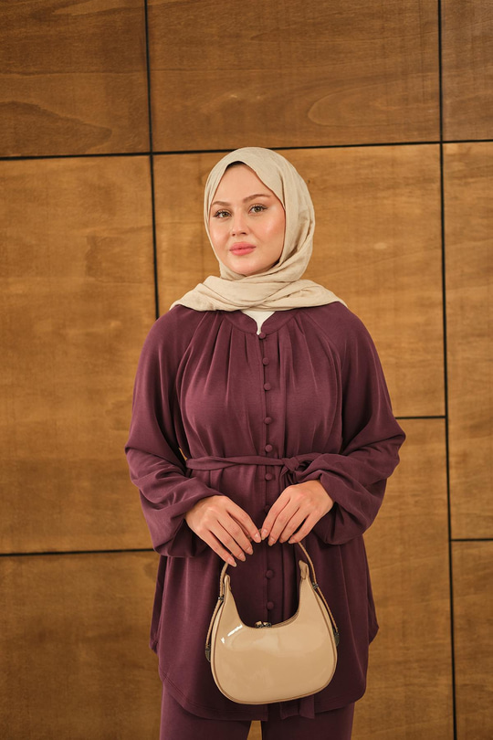 Düğme Detaylı Bel Bağlamalı Takım Mürdüm